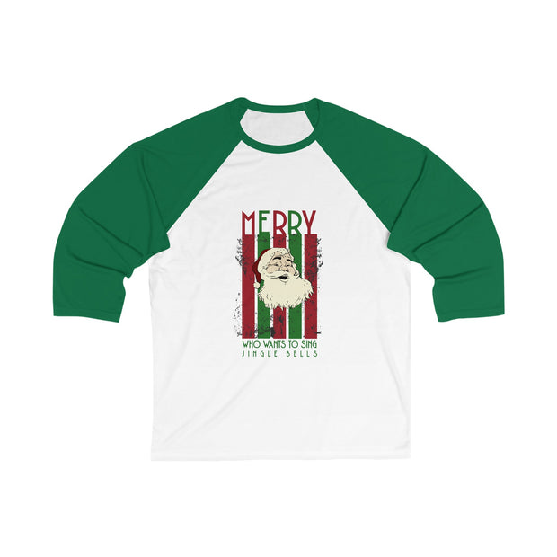 Merry Santa Unisex 3\4 Sleeve Baseball Tee. Singing Santa  Merry Christmas Base ball tshirt, two tone Christmas baseball t shirt