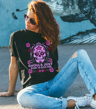 Skull tshirt, Ghouls Just Wanna Have Fun, Spooky Skull T-Shirt for Halloween party & Beyond, cute fun skull t shirt, Goth t shirt