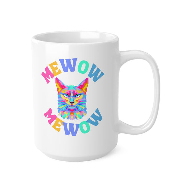 Mewow cat lover mug Ceréamic Coffee Cups, 11oz, 15oz, vibrant prime multi-coloured cat graphic mug, cat owner gift, cat sitter gift