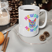 Mewow cat lover mug Ceréamic Coffee Cups, 11oz, 15oz, vibrant prime multi-coloured cat graphic mug, cat owner gift, cat sitter gift