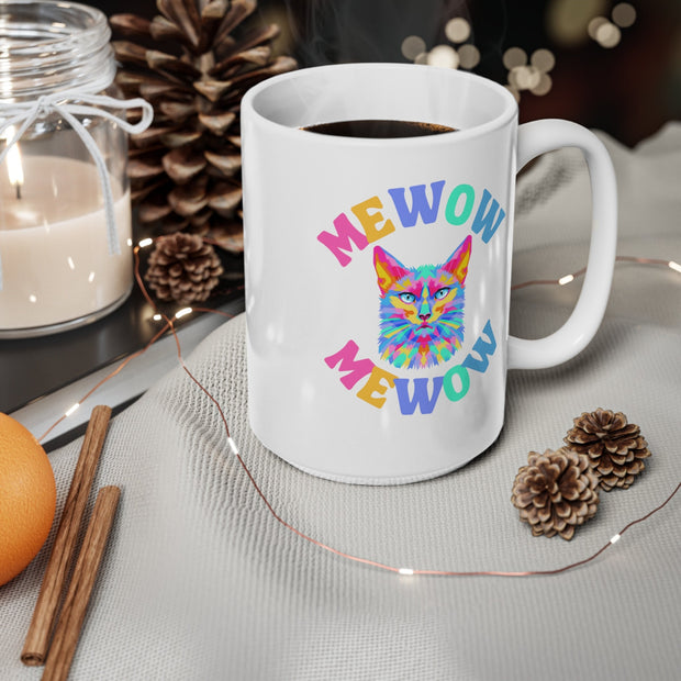 Mewow cat lover mug Ceréamic Coffee Cups, 11oz, 15oz, vibrant prime multi-coloured cat graphic mug, cat owner gift, cat sitter gift