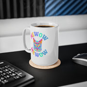 Mewow cat lover mug Ceréamic Coffee Cups, 11oz, 15oz, vibrant prime multi-coloured cat graphic mug, cat owner gift, cat sitter gift
