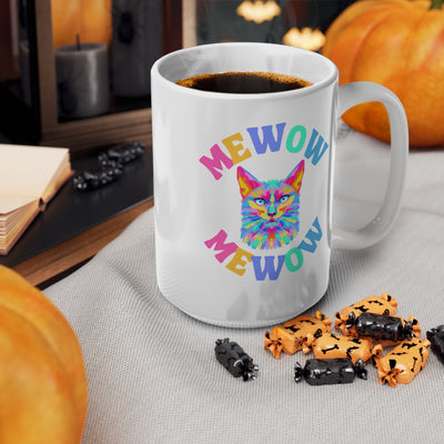 Mewow cat lover mug Ceréamic Coffee Cups, 11oz, 15oz, vibrant prime multi-coloured cat graphic mug, cat owner gift, cat sitter gift