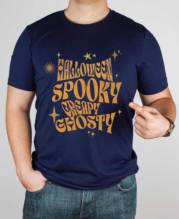 Spooky Creapy Ghostly  unisex Crew tshirt, Freaky Creepy Halloween t shirt, Halloween  Bling Sparkle t shirt