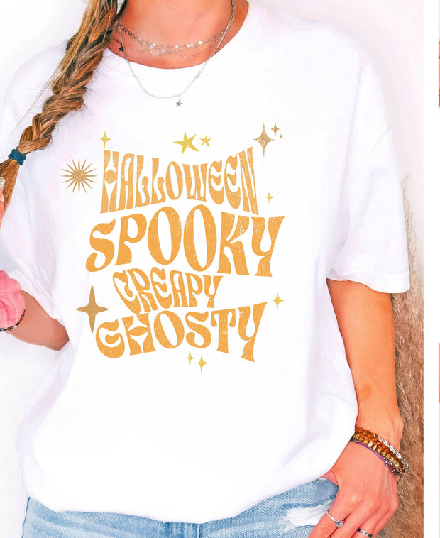 Spooky Creapy Ghostly  unisex Crew tshirt, Freaky Creepy Halloween t shirt, Halloween  Bling Sparkle t shirt