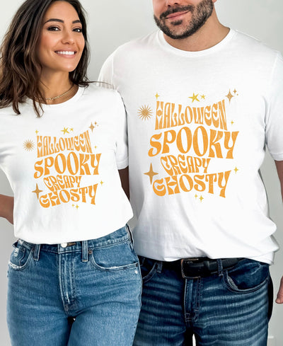 Spooky Creapy Ghostly  unisex Crew tshirt, Freaky Creepy Halloween t shirt, Halloween  Bling Sparkle t shirt