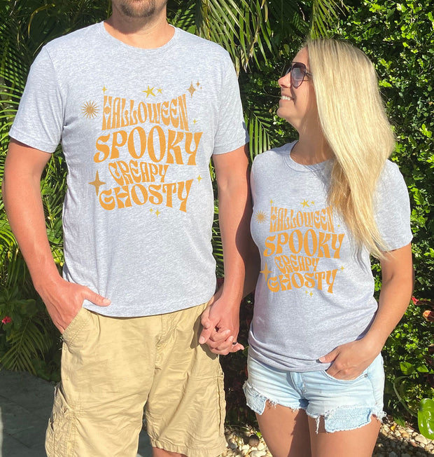 Spooky Creapy Ghostly  unisex Crew tshirt, Freaky Creepy Halloween t shirt, Halloween  Bling Sparkle t shirt