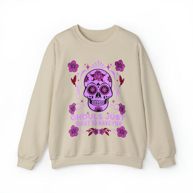 Cute Skull sweatshirt for Halloween and beyond, cute ladies Halloween sweatshirt Crewneck Sweatshirt, purple and lilac goth style skull ,