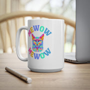 Mewow cat lover mug Ceréamic Coffee Cups, 11oz, 15oz, vibrant prime multi-coloured cat graphic mug, cat owner gift, cat sitter gift