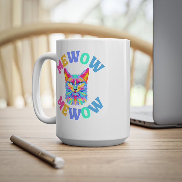 Mewow cat lover mug Ceréamic Coffee Cups, 11oz, 15oz, vibrant prime multi-coloured cat graphic mug, cat owner gift, cat sitter gift