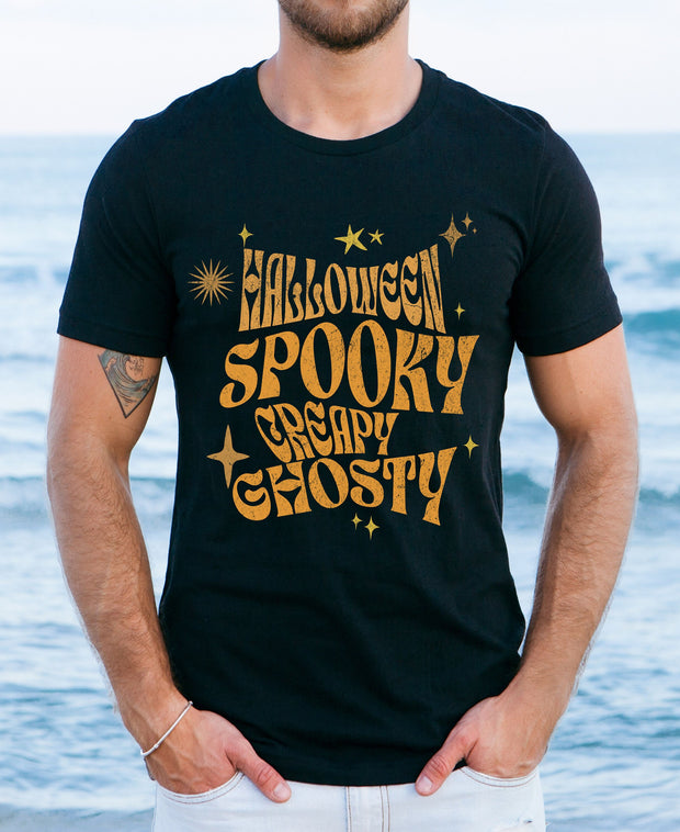 Spooky Creapy Ghostly  unisex Crew tshirt, Freaky Creepy Halloween t shirt, Halloween  Bling Sparkle t shirt