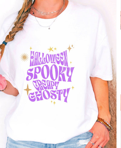 Spooky Creapy Ghostly Sparkle unisex Crew tshirt, Trendy Halloween Creepy Women's Purple Party t Shirt ,Gift for Girl friend