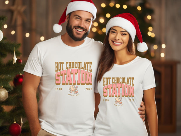 Hot Chocolate Station unisex Crewneck tshirt gift for Christmas, Pastel cute Christmas Hot Chocolate t shirt gift for her