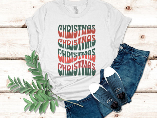 Christmas Trendy Repeating Text unisex tshirt gift for Christmas, Traditional Red and Green repeating wavy word text only Tshirt