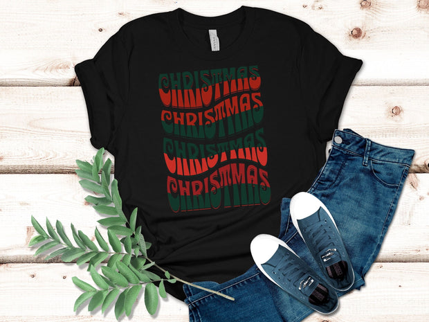 Christmas Trendy Repeating Text unisex tshirt gift for Christmas, Traditional Red and Green repeating wavy word text only Tshirt