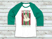 Merry Santa Unisex 34 Sleeve Baseball Tee. Singing Santa  Merry Christmas Base ball tshirt, two tone Christmas baseball t shirt