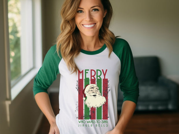 Merry Santa Unisex 34 Sleeve Baseball Tee. Singing Santa  Merry Christmas Base ball tshirt, two tone Christmas baseball t shirt