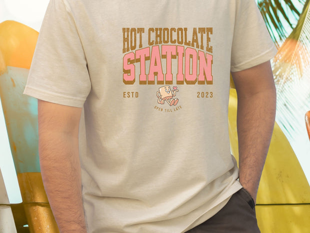 Hot Chocolate Station unisex Crewneck tshirt gift for Christmas, Pastel cute Christmas Hot Chocolate t shirt gift for her