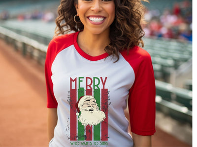 Merry Santa Unisex 34 Sleeve Baseball Tee. Singing Santa  Merry Christmas Base ball tshirt, two tone Christmas baseball t shirt