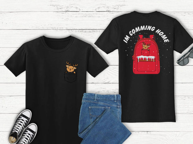 Im Coming Home For Christmas Trendy Back Print Rucksack design tshirt, Cute Reindeer coming home for Christmas t shirt, Gift Army Navy RAF